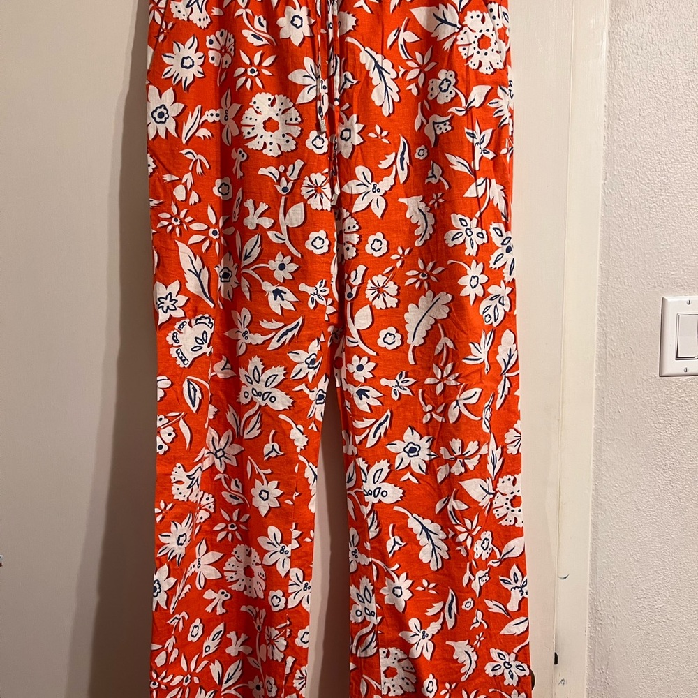 Zara Orange and White Wide Leg Linen Blend Wide Leg Pants, size L